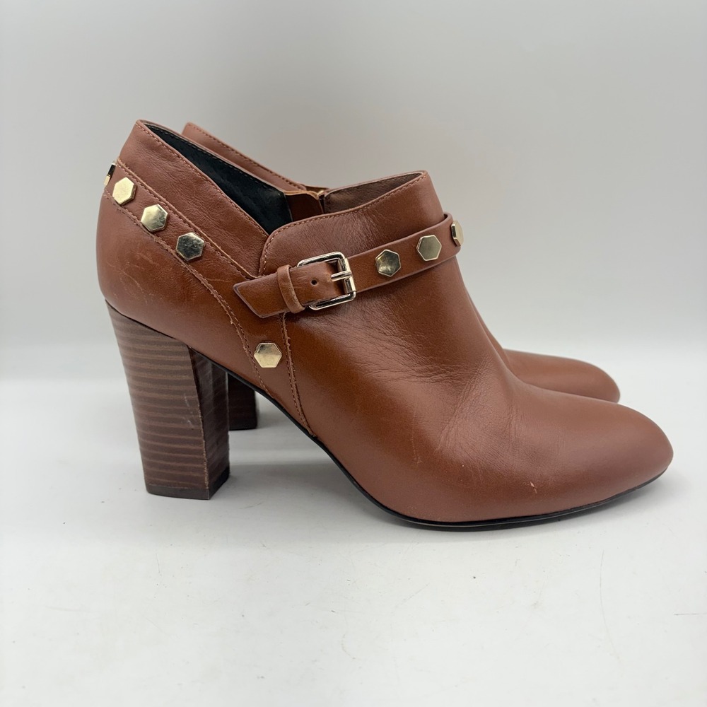Isola Tan Leather Studded Ankle Booties Gold Hexagon Studs Block Heel Cognac 9.5